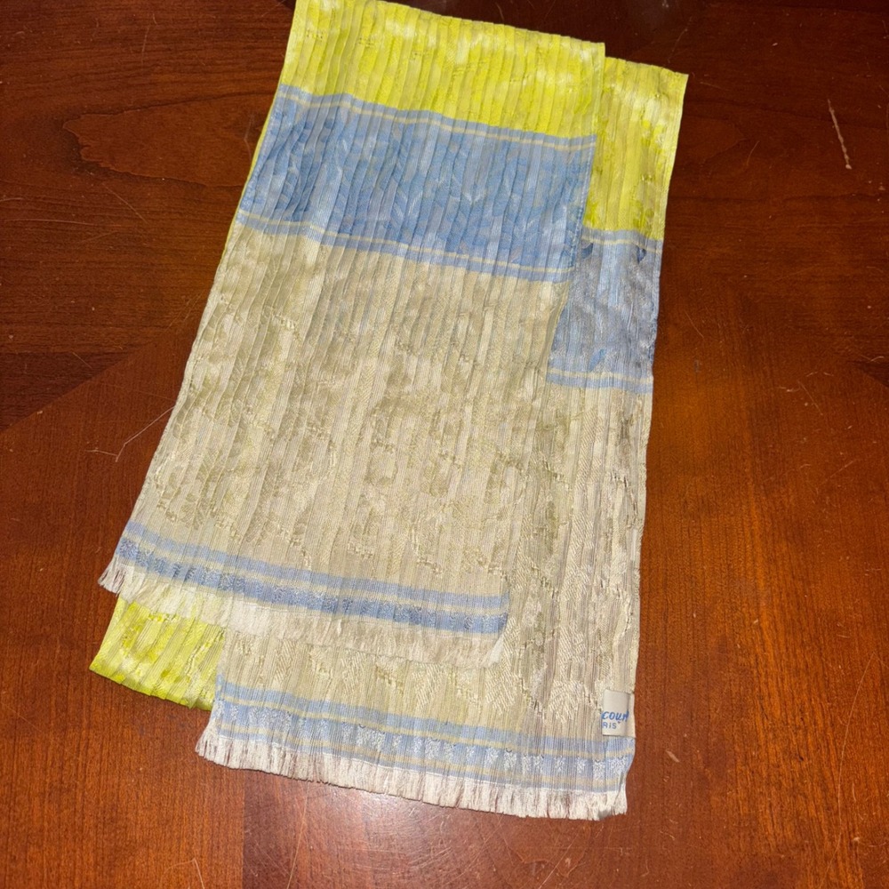 Vintage | Descours Paris | Pleated Scarf | Textured Yellow Blue Beige Fringe‎